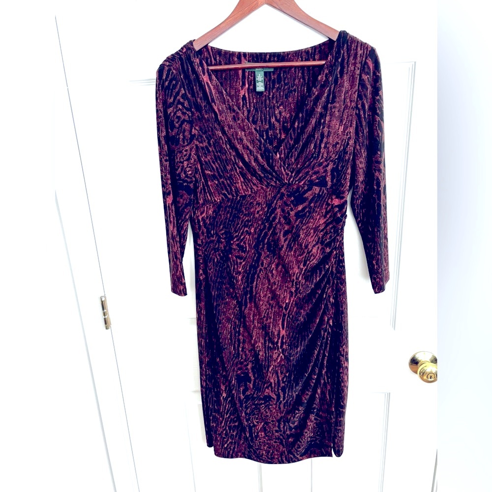 NWOT LAUREN RALPH LAUREN V NECK WRAP STYLE LONG SLEEVE BLACK/WINE DRESS SZ. 8